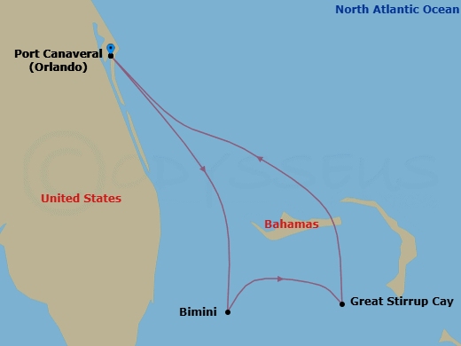Route map: Orlando-Beaches-Port Canaveral, Fl → Bimini, Bahamas → Great Stirrup Cay, Bahamas → Orlando-Beaches-Port Canaveral, Fl