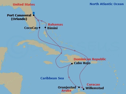 Route map: Orlando (Port Canaveral), Fl → Bimini, Bahamas → Willemstad, Curacao → Oranjestad, Aruba → Cabo Rojo,Dominican Republic → Perfect Day Cococay, Bahamas → Orlando (Port Canaveral), Fl