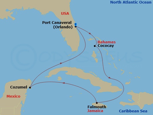 Route map: Orlando (Port Canaveral), Fl → Perfect Day Cococay, Bahamas → Falmouth, Jamaica → Cozumel, Mexico → Orlando (Port Canaveral), Fl