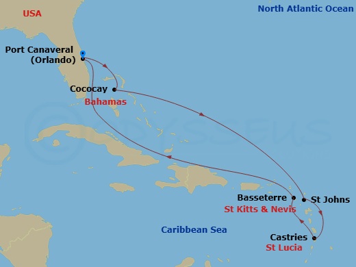 Route map: Orlando (Port Canaveral), Fl → Perfect Day Cococay, Bahamas → St. Johns, Antigua → Castries, St. Lucia → Basseterre, St Kitts & Nevis → Orlando (Port Canaveral), Fl