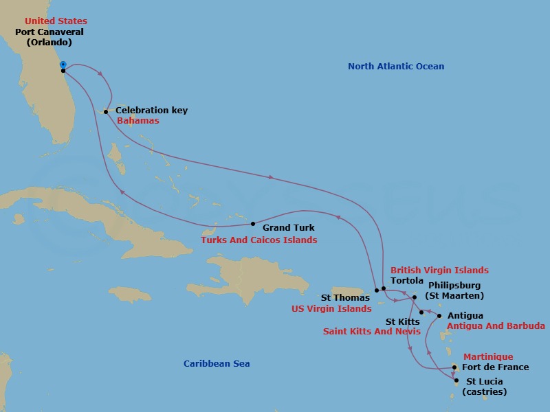 Route map: Port Canaveral (Orlando), Florida → Celebration Key, Bahamas → Tortola, British Virgin Islands → St. Maarten → Martinique → St. Lucia → Antigua → St. Kitts → St. Thomas, Virgin Islands → Grand Turk, Turks & Caicos