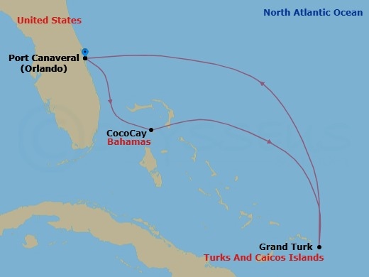 Route map: Orlando (Port Canaveral), Fl → Perfect Day Cococay, Bahamas → Grand Turk, Turks & Caicos → Orlando (Port Canaveral), Fl