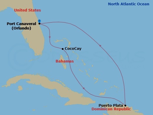 Route map: Orlando (Port Canaveral), Fl → Perfect Day Cococay, Bahamas → Puerto Plata, Dominican Rep → Orlando (Port Canaveral), Fl