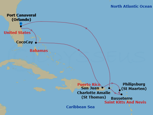 Route map: Orlando (Port Canaveral), Fl → Perfect Day Cococay, Bahamas → San Juan, Puerto Rico → Philipsburg, St. Maarten → Basseterre, St Kitts & Nevis → Charlotte Amalie, St. Thomas → Orlando (Port Canaveral), Fl