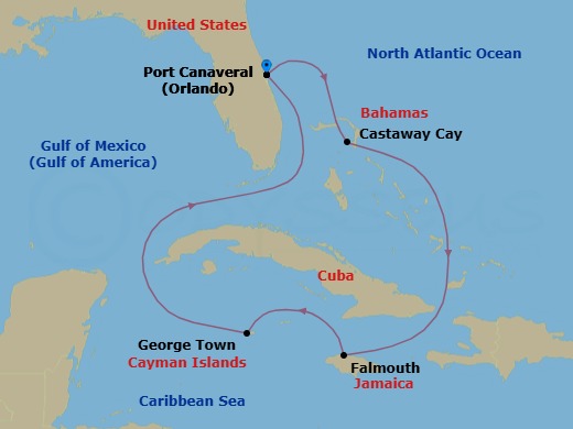 Route map: Port Canaveral → Castaway Cay → Falmouth → George Town, Grand Cayman → Port Canaveral