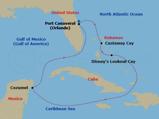 Route map: Port Canaveral → Castaway Cay → Disney Lookout Cay → Cozumel → Port Canaveral