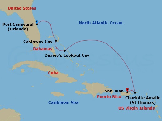 Route map: Port Canaveral → Castaway Cay → Disney Lookout Cay → St. Thomas,U.S. Virgin Is → San Juan
