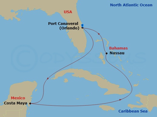Route map: Orlando (Port Canaveral), Fl → Puerto Costa Maya, Mexico → Nassau, Bahamas → Orlando (Port Canaveral), Fl