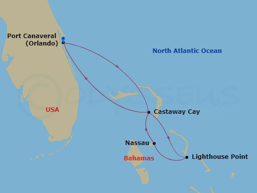 Route map: Port Canaveral → Castaway Cay → Disney Lookout Cay → Nassau → Castaway Cay → Port Canaveral