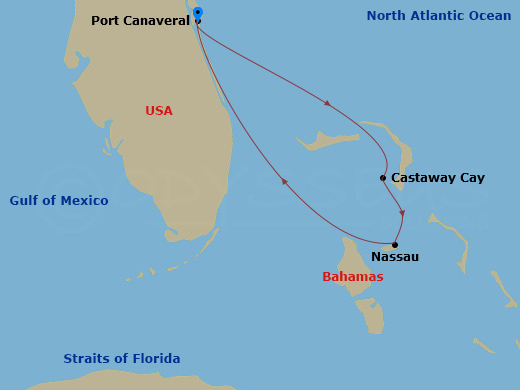 Route map: Port Canaveral → Castaway Cay → Nassau → Port Canaveral