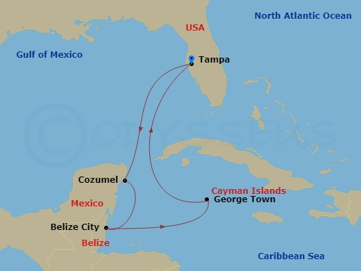 Route map: Tampa, Florida → Cozumel, Mexico → Belize City, Belize → George Town, Grand Cayman → Tampa, Florida