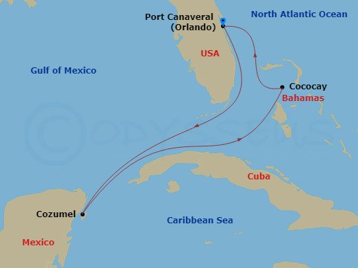 Route map: Orlando (Port Canaveral), Fl → Cozumel, Mexico → Perfect Day Cococay, Bahamas → Orlando (Port Canaveral), Fl