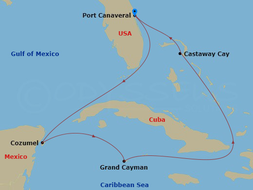 Route map: Port Canaveral → Cozumel → George Town, Grand Cayman → Castaway Cay → Port Canaveral