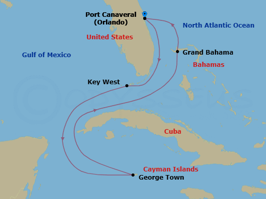 Route map: Orlando (Port Canaveral), Fl → Key West, Florida → George Town, Grand Cayman → Grand Bahama Isl, Bahamas → Orlando (Port Canaveral), Fl