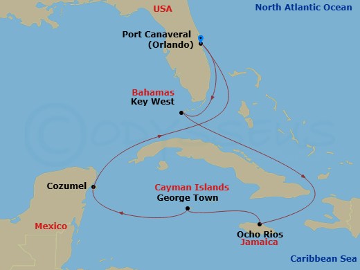 Route map: Orlando (Port Canaveral), Fl → Key West, Florida → Ocho Rios, Jamaica → George Town, Grand Cayman → Cozumel, Mexico → Orlando (Port Canaveral), Fl
