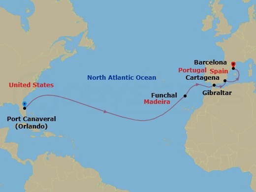 Route map: Orlando (Port Canaveral) → Funchal → Gibraltar → Cartagena → Barcelona