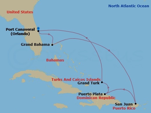 Route map: Orlando (Port Canaveral), Fl → Grand Bahama Isl, Bahamas → San Juan, Puerto Rico → Puerto Plata, Dominican Rep → Grand Turk, Turks & Caicos → Orlando (Port Canaveral), Fl