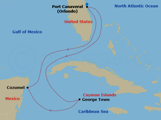Route map: Orlando (Port Canaveral), Fl → George Town, Grand Cayman → Cozumel, Mexico → Orlando (Port Canaveral), Fl