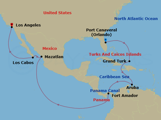 Route map: Port Canaveral (Orlando), Florida → Grand Turk, Turks & Caicos → Aruba → Panama Canal Full Transit New Locks → Fuerte Amador, Panama (for Panama City) → Mazatlan, Mexico → Cabo San Lucas, Mexico → Los Angeles, California