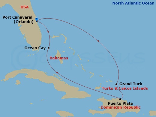 Route map: Port Canaveral (Orlando) Florida → Grand Turk Island Turks and Caicos → Puerto Plata Dominican Republic → Ocean Cay MSC Marine Reserve Bahamas → Port Canaveral (Orlando) Florida