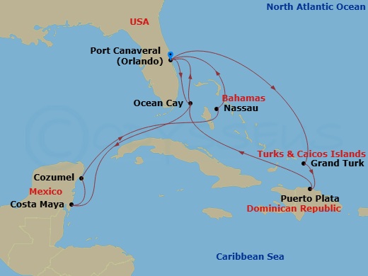 Route map: Port Canaveral (Orlando) Florida → Grand Turk Island Turks and Caicos → Puerto Plata Dominican Republic → Ocean Cay MSC Marine Reserve Bahamas → Port Canaveral (Orlando) Florida → Ocean Cay MSC Marine Reserve Bahamas → Costa Maya Mexico → Cozumel Mexico → Nassau Bahamas → Port Canaveral (Orlando) Florida