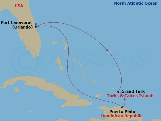 Route map: Orlando (Port Canaveral), Fl → Grand Turk, Turks & Caicos → Puerto Plata, Dominican Rep → Orlando (Port Canaveral), Fl