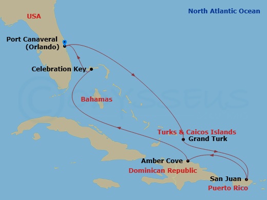 Route map: Port Canaveral (Orlando), Florida → Grand Turk, Turks & Caicos → San Juan, Puerto Rico → Amber Cove, Dominican Republic → Celebration Key, Bahamas → Port Canaveral (Orlando), Florida
