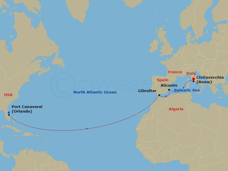 Route map: Orlando-Beaches-Port Canaveral, Fl → Gibraltar → Alicante, Spain → Civitavecchia  Rome, Italy