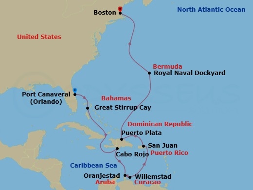 Route map: Orlando-Beaches-Port Canaveral, Fl → Great Stirrup Cay, Bahamas → Cabo Rojo, Dominican Republic → Oranjestad, Aruba → Willemstad, Netherland Antilles → San Juan, Pr → Puerto Plata, Dominican Republic → Royal Naval Dockyard, Bermuda → Boston, Ma