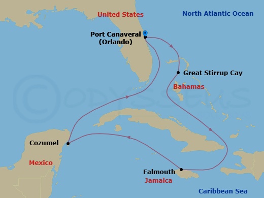 Route map: Orlando-Beaches-Port Canaveral, Fl → Great Stirrup Cay, Bahamas → Falmouth, Jamaica → Cozumel, Mexico → Orlando-Beaches-Port Canaveral, Fl