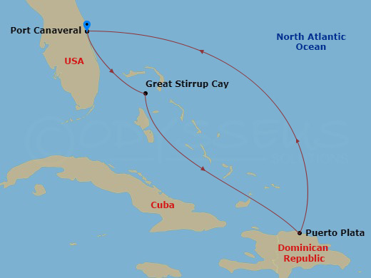 Route map: Orlando-Beaches-Port Canaveral, Fl → Great Stirrup Cay, Bahamas → Puerto Plata, Dominican Republic → Orlando-Beaches-Port Canaveral, Fl