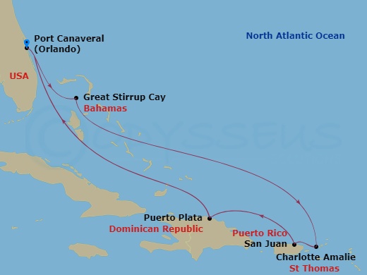 Route map: Orlando-Beaches-Port Canaveral, Fl → Great Stirrup Cay, Bahamas → St Thomas, Vi → San Juan, Pr → Puerto Plata, Dominican Republic → Orlando-Beaches-Port Canaveral, Fl