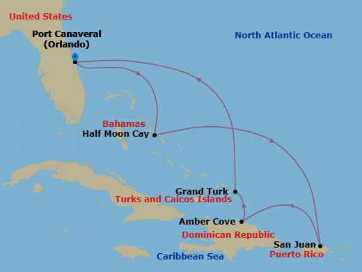 Route map: Orlando (Port Canaveral) → Half Moon Cay, The Bahamas → San Juan → Amber Cove → Grand Turk → Orlando (Port Canaveral)
