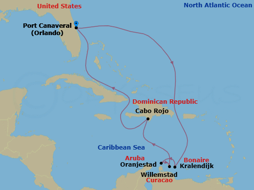 Route map: Orlando (Port Canaveral), Fl → Kralendijk, Bonaire → Oranjestad, Aruba → Willemstad, Curacao → Cabo Rojo,Dominican Republic → Orlando (Port Canaveral), Fl