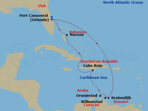 Route map: Orlando (Port Canaveral), Fl → Nassau, Bahamas → Cabo Rojo,Dominican Republic → Oranjestad, Aruba → Willemstad, Curacao → Kralendijk, Bonaire → Orlando (Port Canaveral), Fl