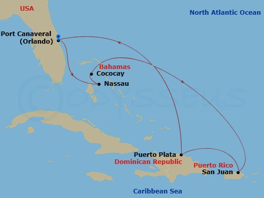 Route map: Orlando (Port Canaveral), Fl → Nassau, Bahamas → Perfect Day Cococay, Bahamas → San Juan, Puerto Rico → Puerto Plata, Dominican Rep → Orlando (Port Canaveral), Fl