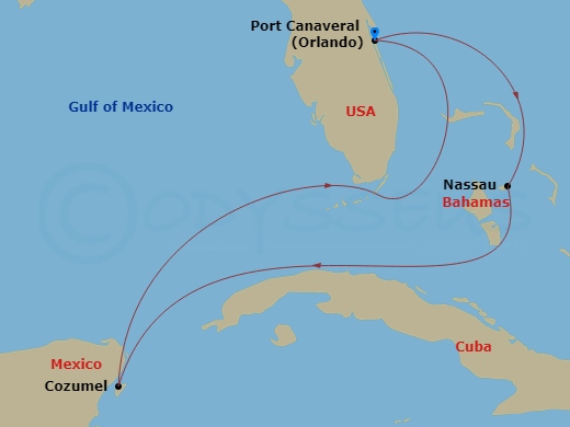 Route map: Orlando (Port Canaveral), Fl → Nassau, Bahamas → Cozumel, Mexico → Orlando (Port Canaveral), Fl
