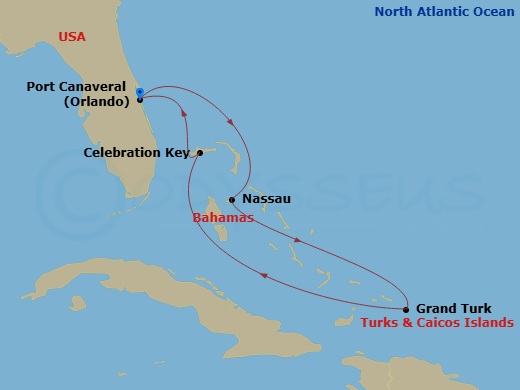 Route map: Port Canaveral (Orlando), Florida → Nassau, Bahamas → Grand Turk, Turks & Caicos → Celebration Key, Bahamas → Port Canaveral (Orlando), Florida