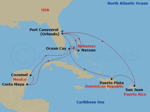 Route map: Port Canaveral (Orlando) Florida → Nassau Bahamas → Ocean Cay MSC Marine Reserve Bahamas → Cozumel Mexico → Costa Maya Mexico → Port Canaveral (Orlando) Florida → Nassau Bahamas → Ocean Cay MSC Marine Reserve Bahamas → Puerto Plata Dominican Republic → San Juan Puerto Rico