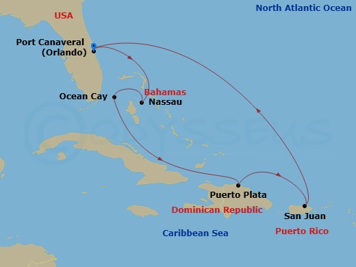 Route map: Port Canaveral (Orlando) Florida → Nassau Bahamas → Ocean Cay MSC Marine Reserve Bahamas → Puerto Plata Dominican Republic → San Juan Puerto Rico → Port Canaveral (Orlando) Florida