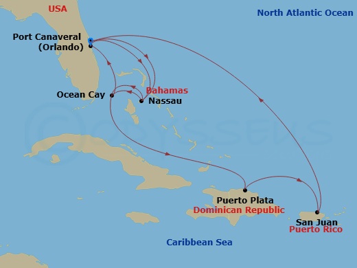 Route map: Port Canaveral (Orlando) Florida → Nassau Bahamas → Ocean Cay MSC Marine Reserve Bahamas → Puerto Plata Dominican Republic → San Juan Puerto Rico → Port Canaveral (Orlando) Florida → Nassau Bahamas → Ocean Cay MSC Marine Reserve Bahamas → Port Canaveral (Orlando) Florida