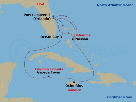Route map: Port Canaveral (Orlando) Florida → Nassau Bahamas → Ocean Cay MSC Marine Reserve Bahamas → Port Canaveral (Orlando) Florida → Ocean Cay MSC Marine Reserve Bahamas → George Town Cayman Islands → Ocho Rios Jamaica → Nassau Bahamas → Port Canaveral (Orlando) Florida
