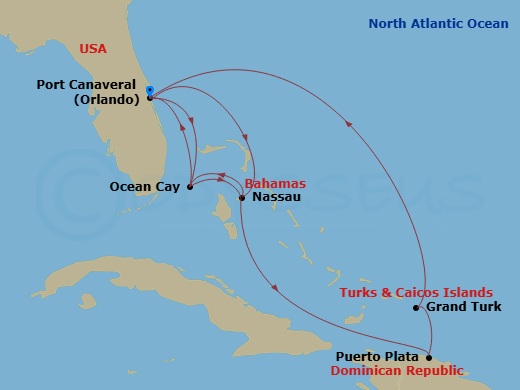 Route map: Port Canaveral (Orlando) Florida → Nassau Bahamas → Ocean Cay MSC Marine Reserve Bahamas → Port Canaveral (Orlando) Florida → Ocean Cay MSC Marine Reserve Bahamas → Nassau Bahamas → Puerto Plata Dominican Republic → Grand Turk Island Turks and Caicos → Port Canaveral (Orlando) Florida
