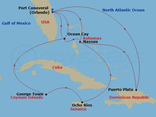 Route map: Port Canaveral (Orlando) Florida → Nassau Bahamas → Ocho Rios Jamaica → George Town Cayman Islands → Ocean Cay MSC Marine Reserve Bahamas → Port Canaveral (Orlando) Florida → Puerto Plata Dominican Republic → Nassau Bahamas → Ocean Cay MSC Marine Reserve Bahamas → Port Canaveral (Orlando) Florida
