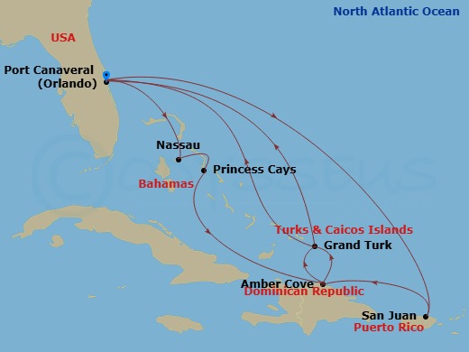 Route map: Port Canaveral (Orlando), Florida → Nassau, Bahamas → Princess Cays, Bahamas → Amber Cove, Dominican Republic → Grand Turk, Turks & Caicos → Port Canaveral (Orlando), Florida → San Juan, Puerto Rico → Amber Cove, Dominican Republic → Grand Turk, Turks & Caicos → Port Canaveral (Orlando), Florida