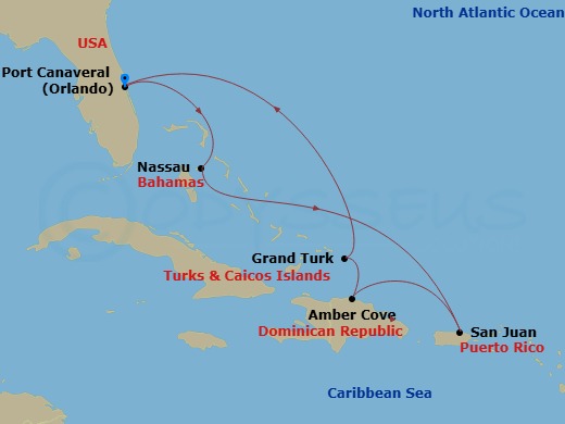 Route map: Port Canaveral (Orlando), Florida → Nassau, Bahamas → San Juan, Puerto Rico → Amber Cove, Dominican Republic → Grand Turk, Turks & Caicos → Port Canaveral (Orlando), Florida