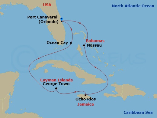 Route map: Port Canaveral (Orlando) Florida → Ocean Cay MSC Marine Reserve Bahamas → George Town Cayman Islands → Ocho Rios Jamaica → Nassau Bahamas → Port Canaveral (Orlando) Florida