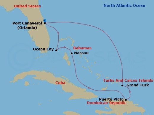 Route map: Port Canaveral (Orlando) Florida → Ocean Cay MSC Marine Reserve Bahamas → Nassau Bahamas → Puerto Plata Dominican Republic → Grand Turk Island Turks and Caicos → Port Canaveral (Orlando) Florida