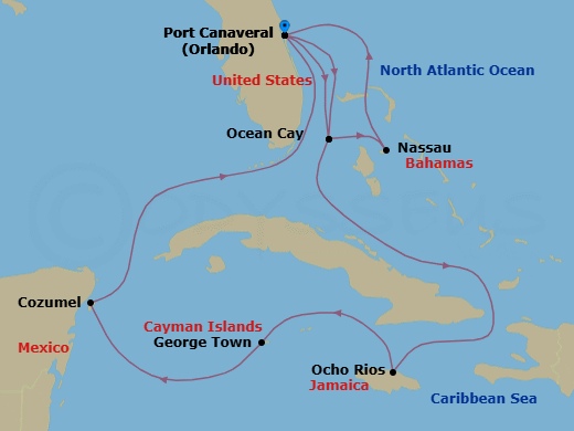 Route map: Port Canaveral (Orlando) Florida → Ocean Cay MSC Marine Reserve Bahamas → Ocho Rios Jamaica → George Town Cayman Islands → Cozumel Mexico → Port Canaveral (Orlando) Florida → Ocean Cay MSC Marine Reserve Bahamas → Nassau Bahamas → Port Canaveral (Orlando) Florida