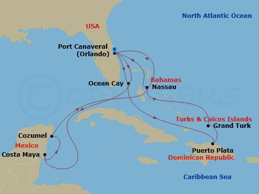 Route map: Port Canaveral (Orlando) Florida → Ocean Cay MSC Marine Reserve Bahamas → Costa Maya Mexico → Cozumel Mexico → Nassau Bahamas → Port Canaveral (Orlando) Florida → Ocean Cay MSC Marine Reserve Bahamas → Puerto Plata Dominican Republic → Grand Turk Island Turks and Caicos → Nassau Bahamas